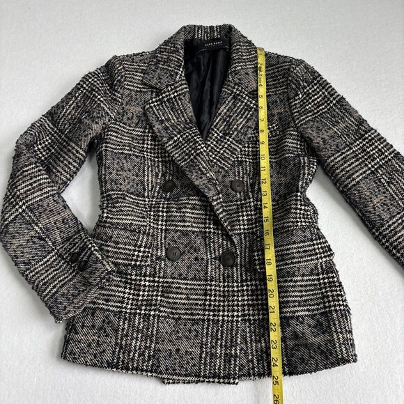 Zara Plaid Wool Blend Blazer Womens S Gray Black Double Breasted Preppy Academia - Picture 5 of 6